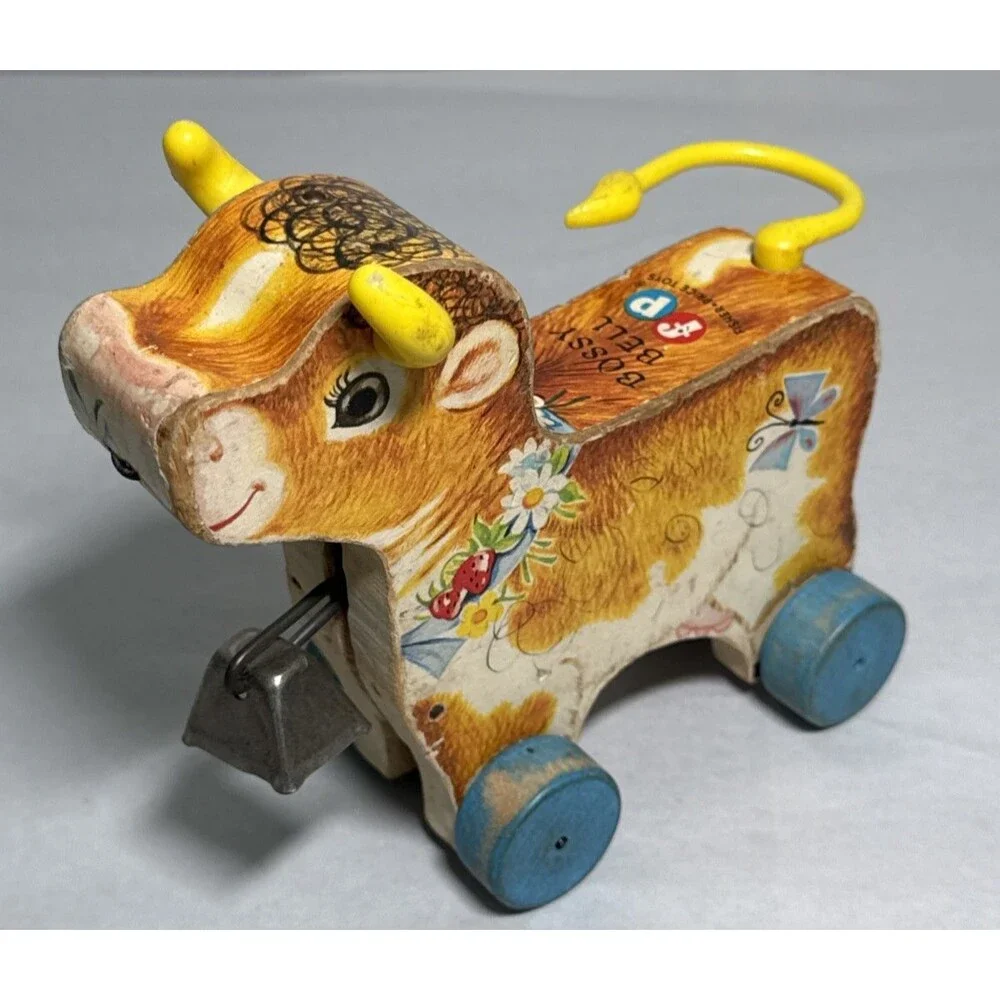 Fisher Price Vintage 1960s Bossy Bell Wooden Cow Pull Toy Tail Spins Cow Bell